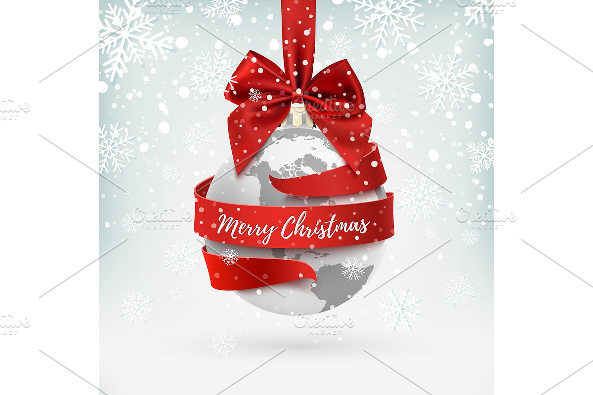 Merry Christmas, earth icon with red bow and ribbon around. in Objects - product preview 8