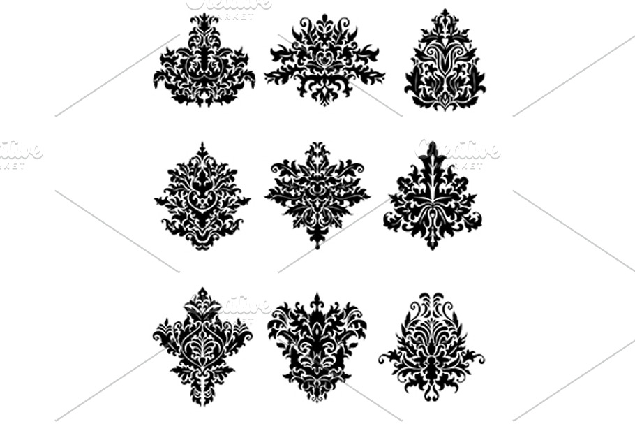 Black flowers in retro damask style in Patterns - product preview 8