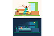 Day and Night Pictures with Girl Vector Illustration