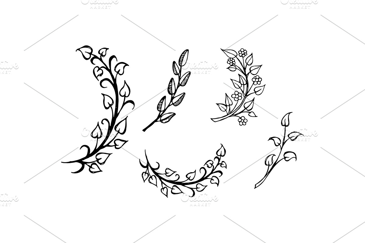 Set of Hand Drawn Branches Leaves in Heart Shape in Illustrations - product preview 8