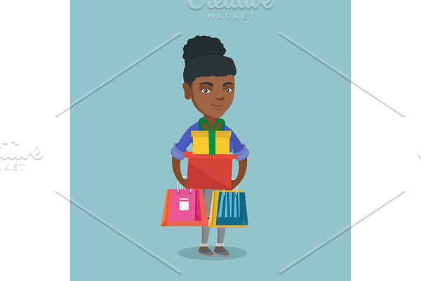Young woman holding shopping bags and gift boxes.