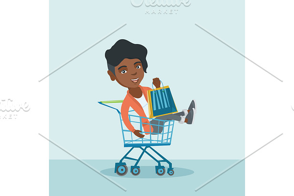 Young african woman riding in shopping cart.