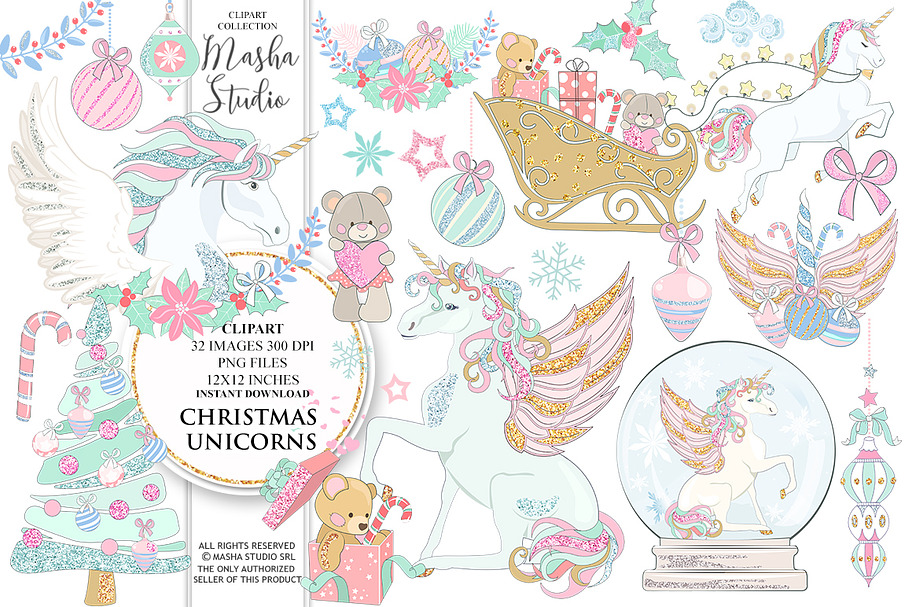 CHRISTMAS UNICORNS clipart in Illustrations - product preview 8
