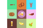 Set of Food and Beer Types Vector Illustration
