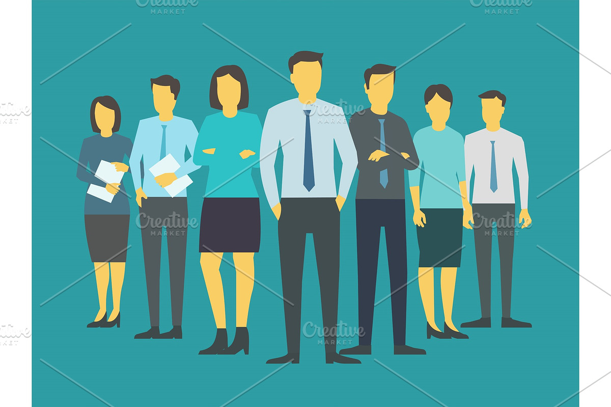 Leader boss director team company business group people stand of office top-brass. Blue background. Training finance stock illustration vector in Illustrations - product preview 8