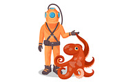 Deep sea diver in pressure suit holds sea devil fish and octopus