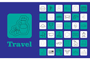 Travel Line Icons for Web and Mobile. Thin line icons. Blue background