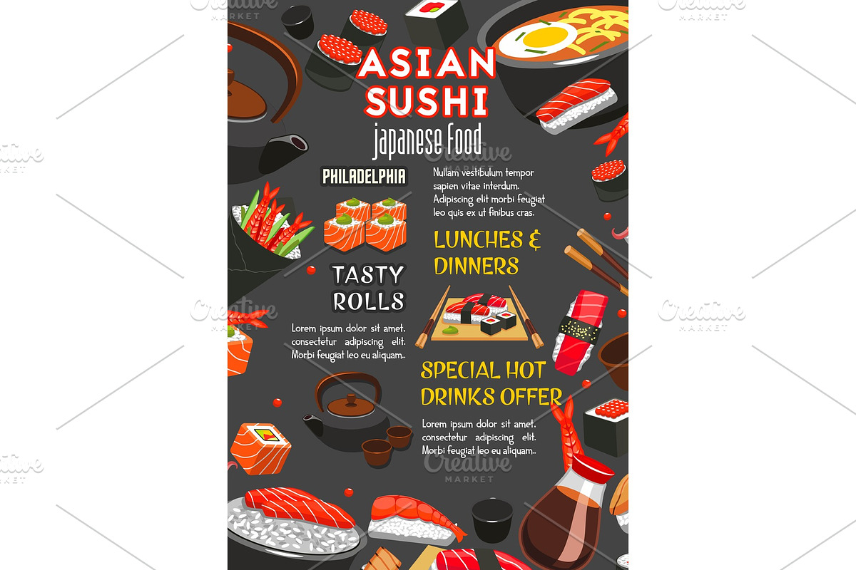 Vector poster for Asian Japanese sushi restaurant in Illustrations - product preview 8