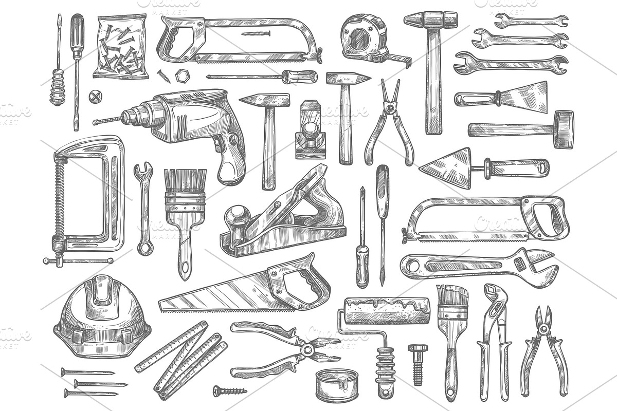Vector work tools sketch icons for house repair in Illustrations - product preview 8