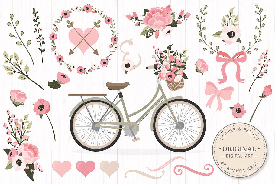 Soft Pink Vector Bicycle & Flowers