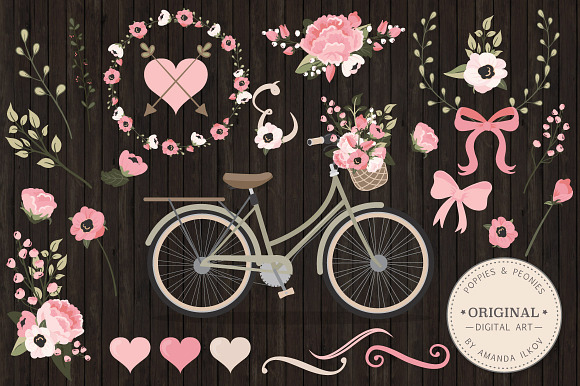 Soft Pink Vector Bicycle & Flowers in Illustrations - product preview 1