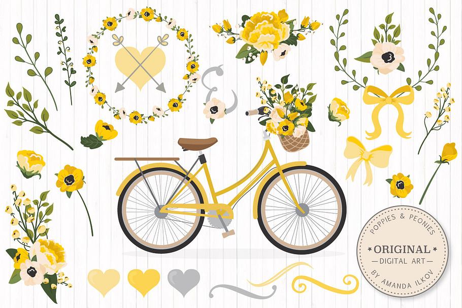Yellow Romantic Bicycle & Flowers