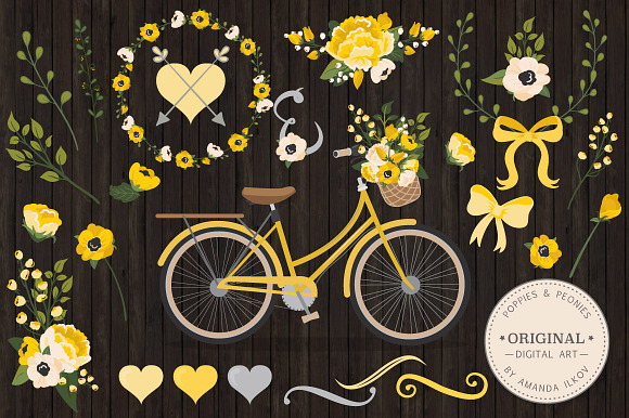 Yellow Romantic Bicycle & Flowers in Illustrations - product preview 1