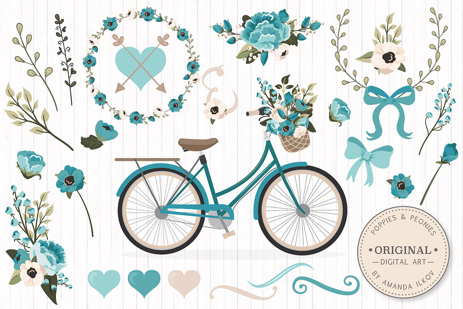 Vintage Blue Vector Bicycle & Flower