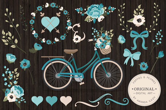 Vintage Blue Vector Bicycle & Flower in Illustrations - product preview 1