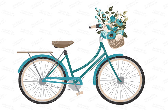 Vintage Blue Vector Bicycle & Flower in Illustrations - product preview 2