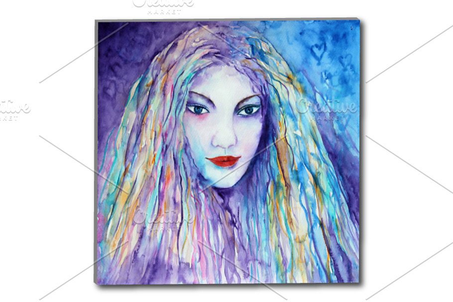 Watercolor Female Portrait Blue in Illustrations - product preview 8