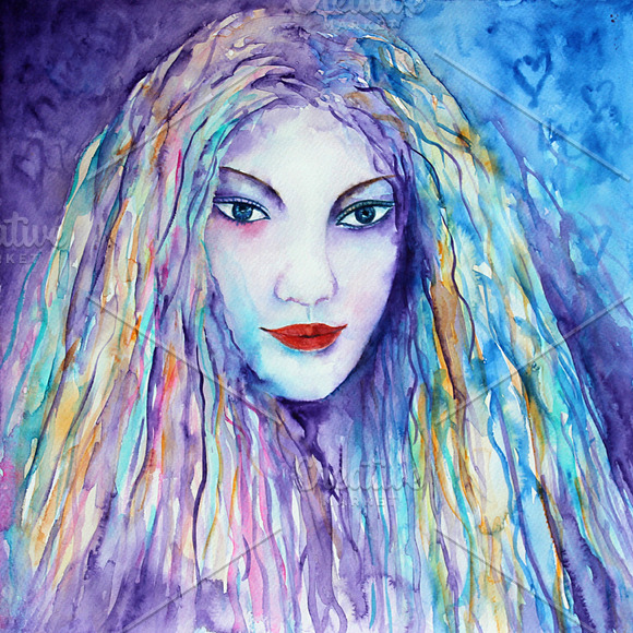 Watercolor Female Portrait Blue in Illustrations - product preview 1