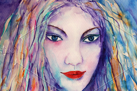 Watercolor Female Portrait Blue in Illustrations - product preview 2