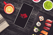 Iphone X in Sushi Bar Mock-up #10