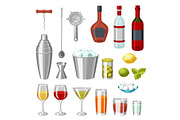 Cocktail bar set. Essential tools, glassware, mixers and garnishes.