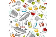 Cocktail bar seamless pattern. Essential tools, glassware, mixers and garnishes.