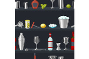 Cocktail bar seamless pattern. Essential tools, glassware, mixers and garnishes.