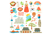 South Korea icons set. Korean traditional symbols and objects