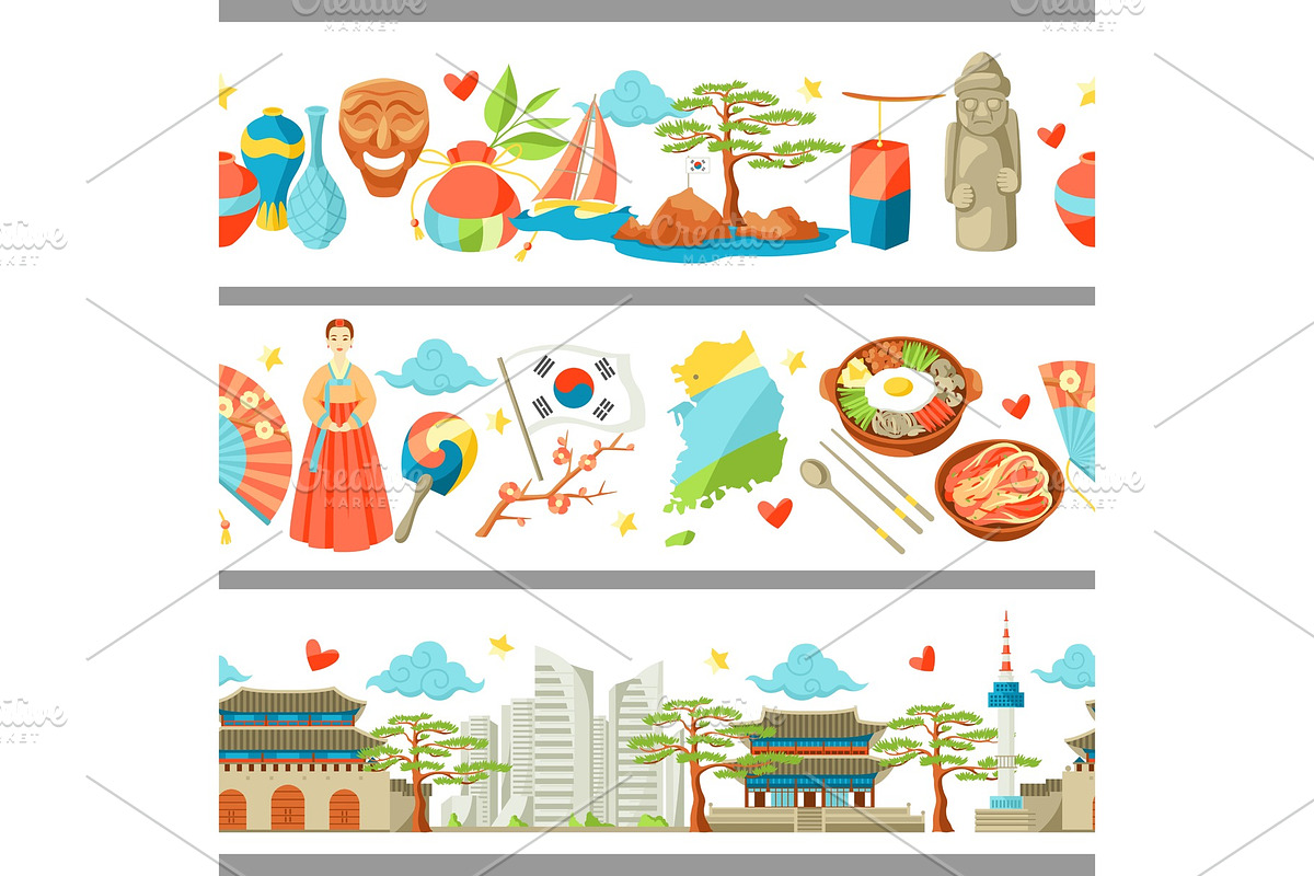 South Korea seamless borders. Korean traditional symbols and objects in Patterns - product preview 8