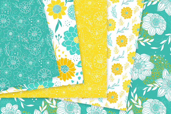 Teal & Yellow Floral Vector Patterns in Patterns - product preview 3
