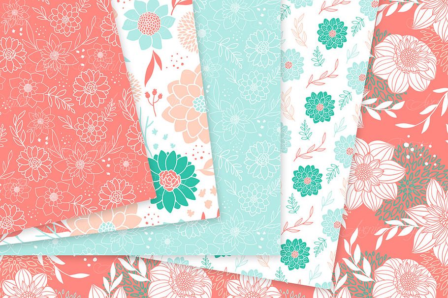 Teal and Coral Flower Vector Pattern in Patterns - product preview 8