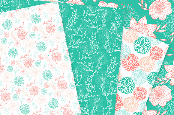 Teal and Coral Flower Vector Pattern in Patterns - product preview 2