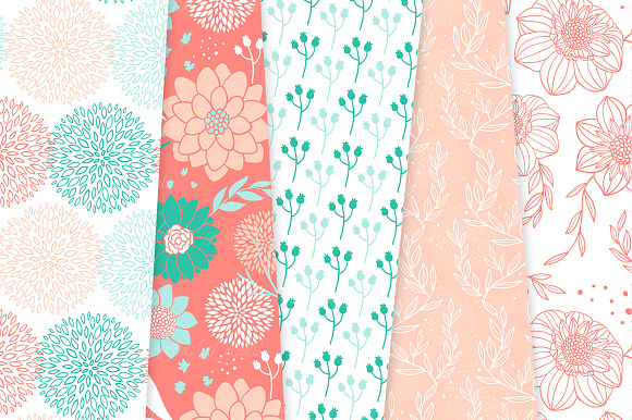 Teal and Coral Flower Vector Pattern in Patterns - product preview 3