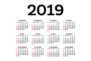 Calendar 2019 Isolated on White 