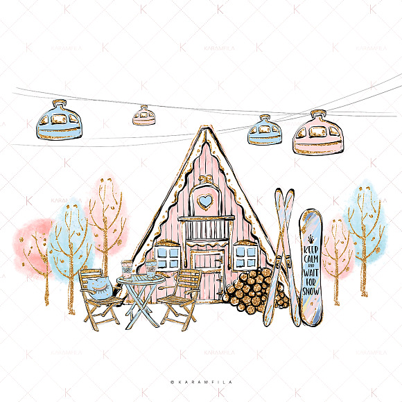 Winter Resort Wood Cabin Clipart in Illustrations - product preview 2