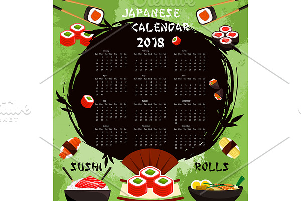Vector Japanese sushi food calendar 2018