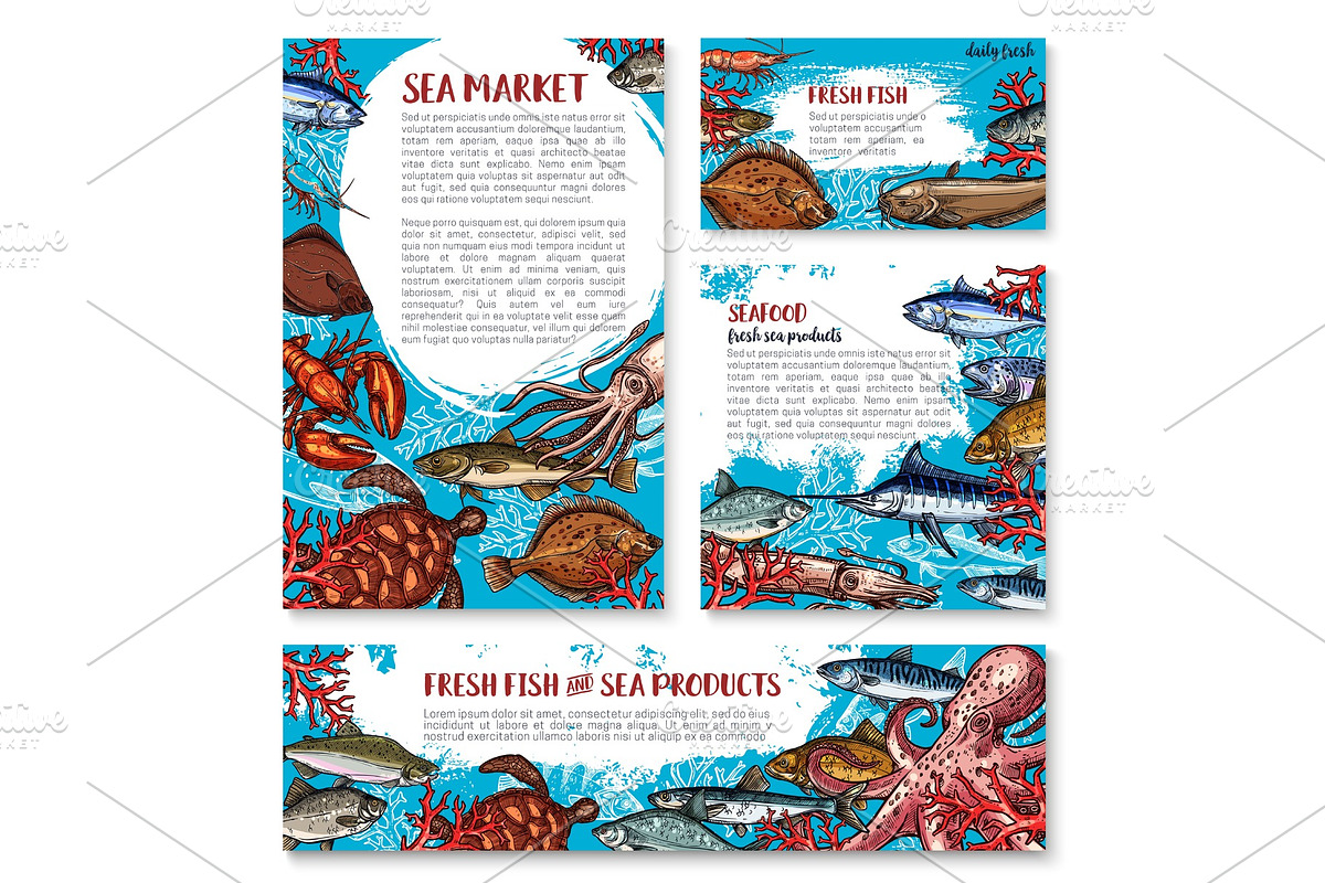 Vector seafood posters of sketch fresh fish in Illustrations - product preview 8