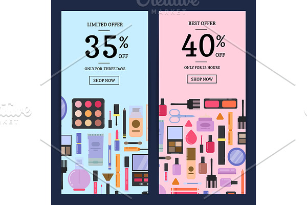 Vector sale banners makeup and skincare in flat style backgrounds
