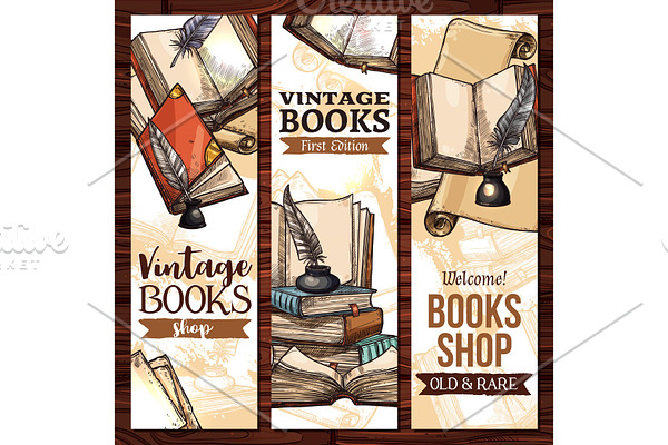Vector sketch banners for old vintage books library