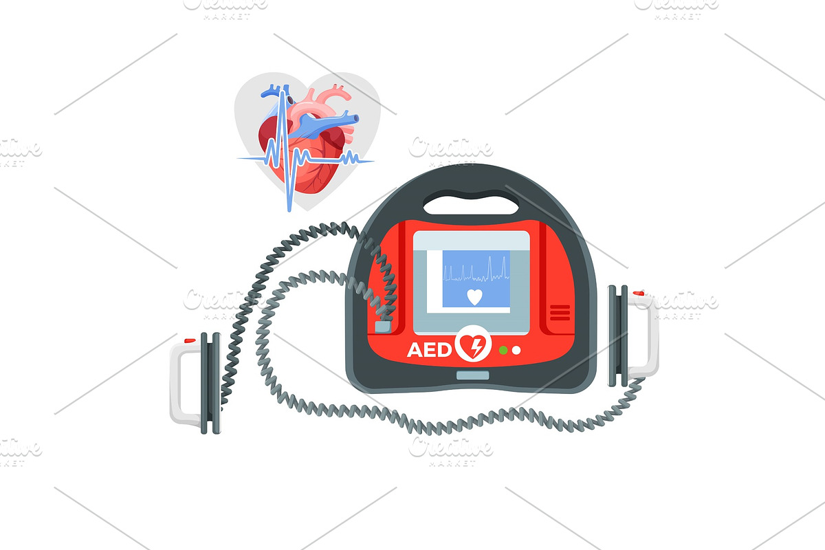 Modern portable defibrillator with small screen and heart illustration in Objects - product preview 8