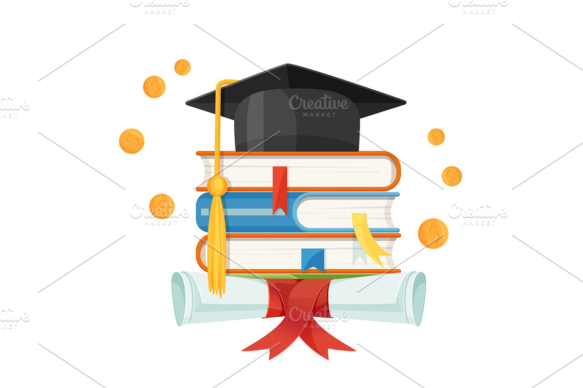 Mortarboard cap on piles of textbooks and diploma scroll in Objects - product preview 8