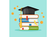 Degree square cap on piles of textbooks vector illustration