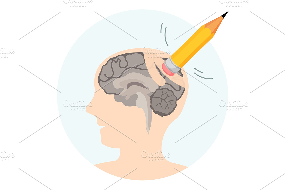 Brain damage abstract illustration with human profile and erasor in Objects - product preview 8