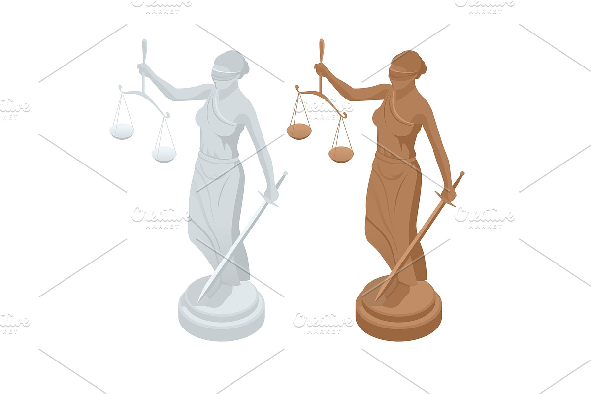 Isometric statue of god of justice Themis or Femida with scales and sword. Symbol of law and justice. Flat icon vector illustration. in Objects - product preview 8