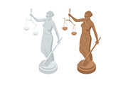 Isometric statue of god of justice Themis or Femida with scales and sword. Symbol of law and justice. Flat icon vector illustration.