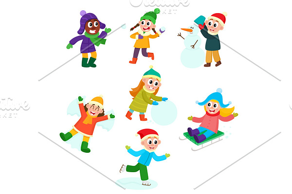 Set of kids, children doing winter activities