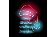 Neon Merry Christmas and Happy New Year sign.