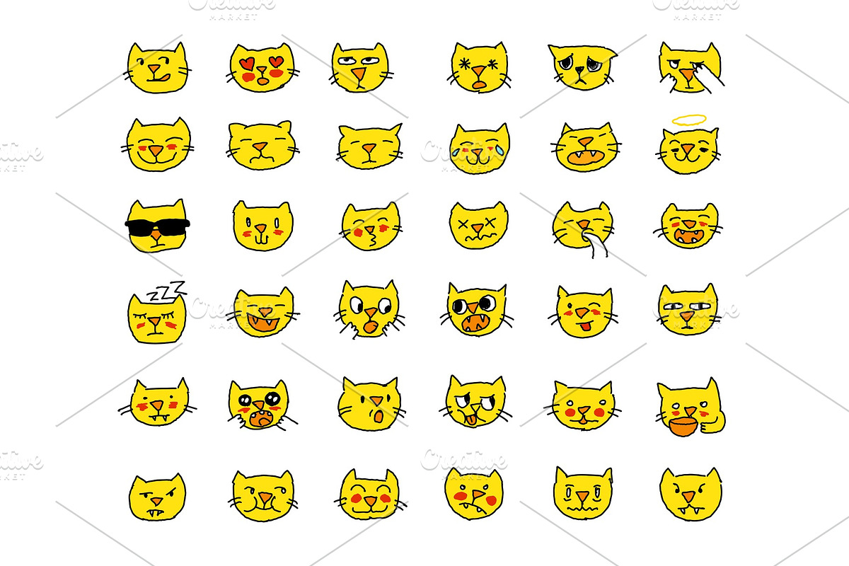 Emoji sticker set cat head yellow color, different emotions, muzzle. Drawn by hand. in Illustrations - product preview 8