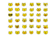 Emoji sticker set cat head yellow color, different emotions, muzzle. Drawn by hand.