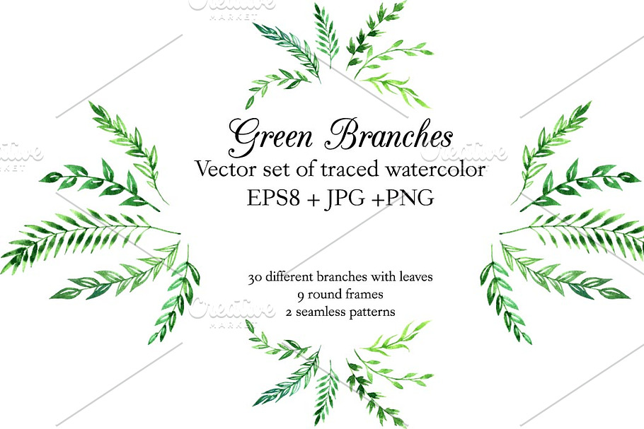 Green watercolor branches set